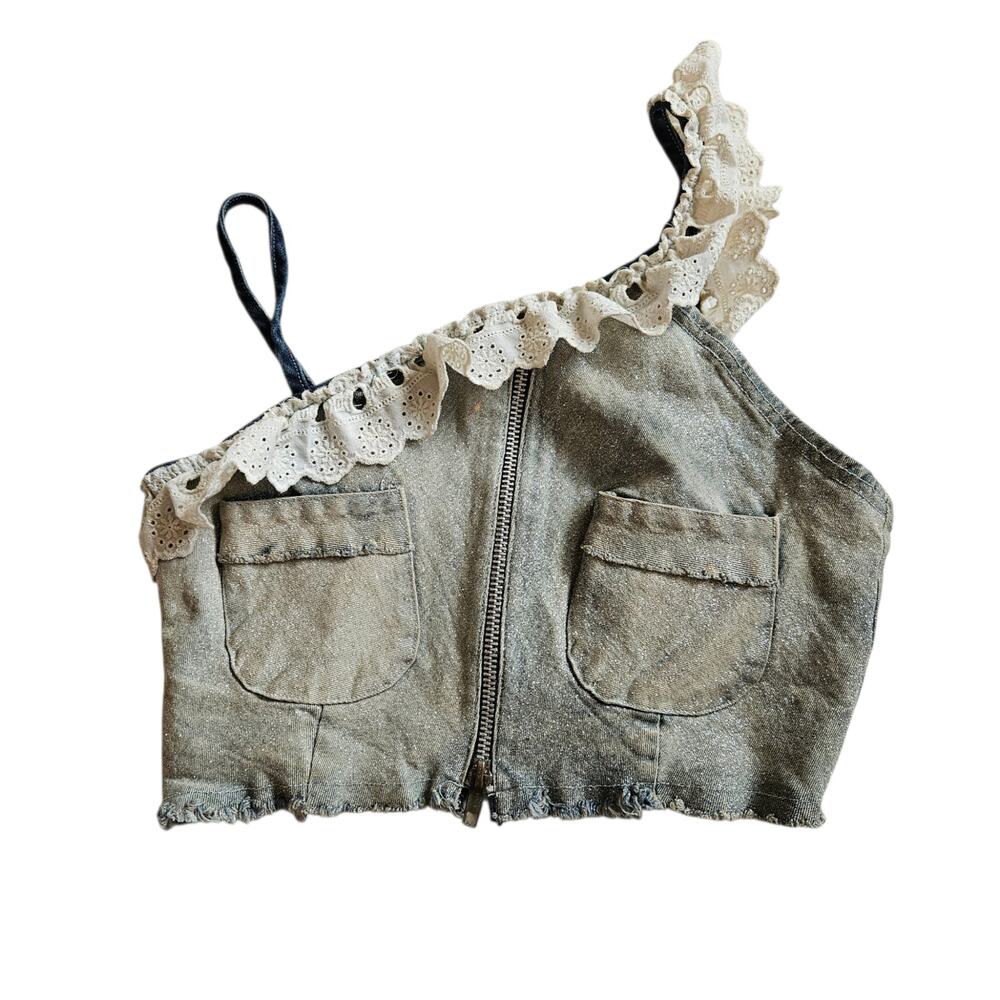 Euro Sparkly Denim Top Cropped White Eyelet Detail - Size Small